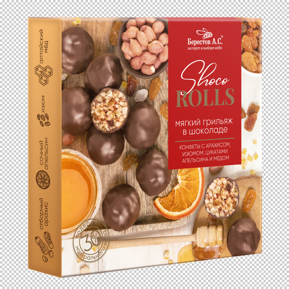 Берестов Shoco Rolls конфеты с арахисом, изюмом, цукатами апельсина и медом,  135г в Ленинск-кузнецком